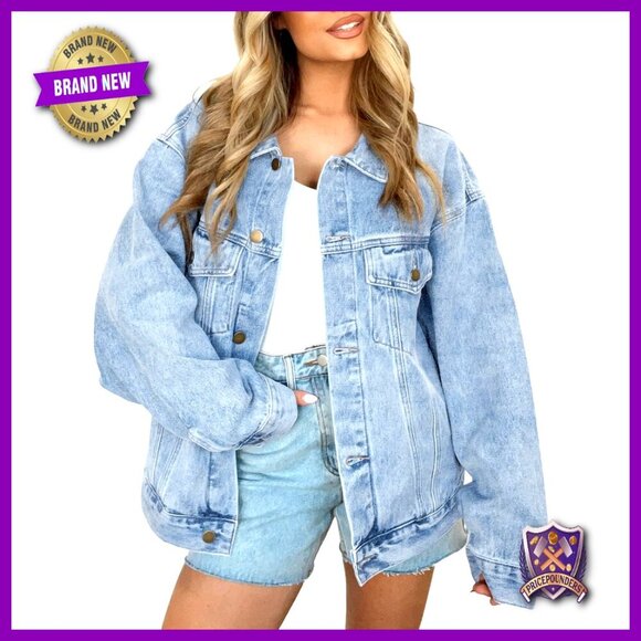 Jackets & Blazers - Oversized Denim Jacket Classic Button Down Boyfriend Style Distressed Details
